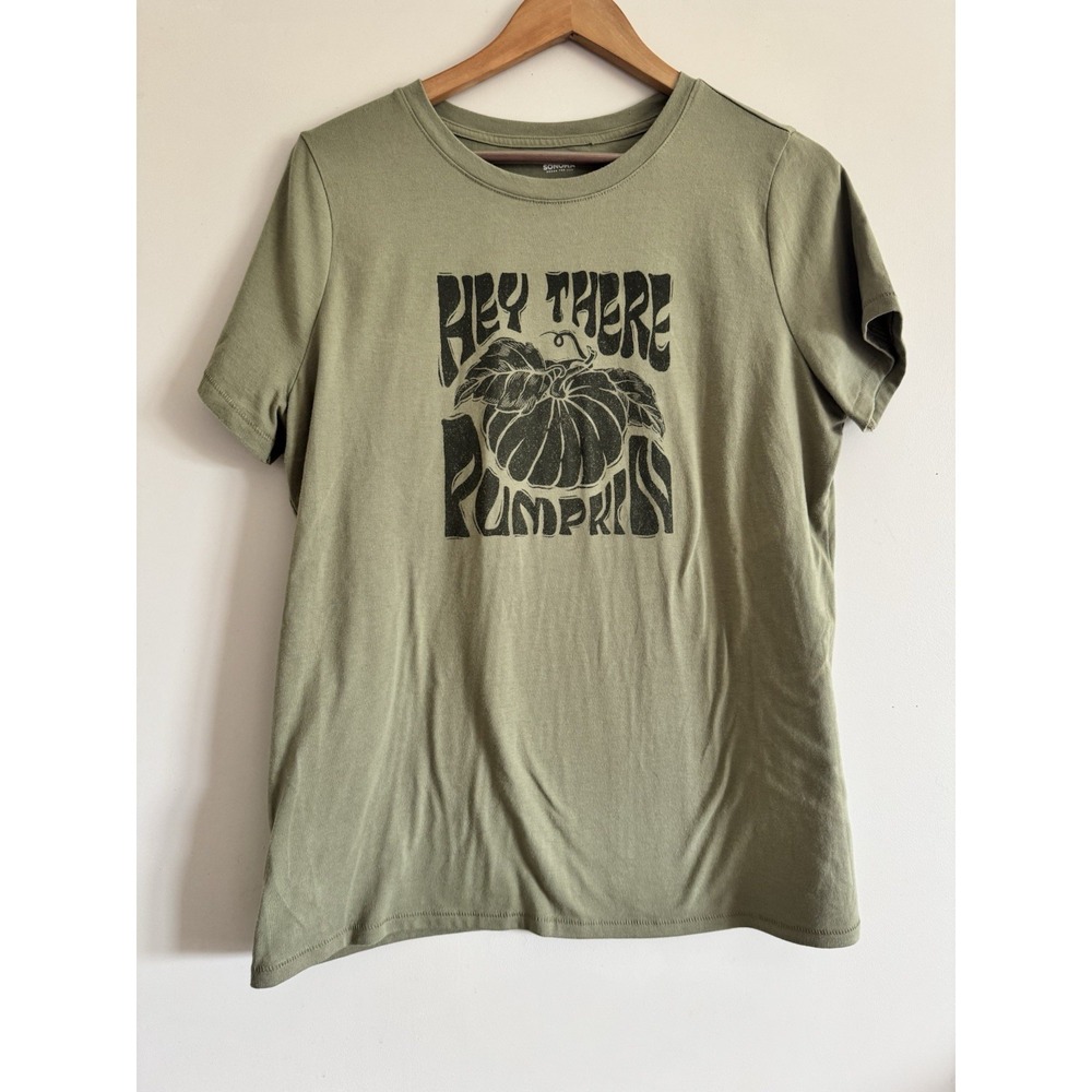 Fall Graphic Tee Sage Green Hey Pumpkin Women's Size Large T-shirt